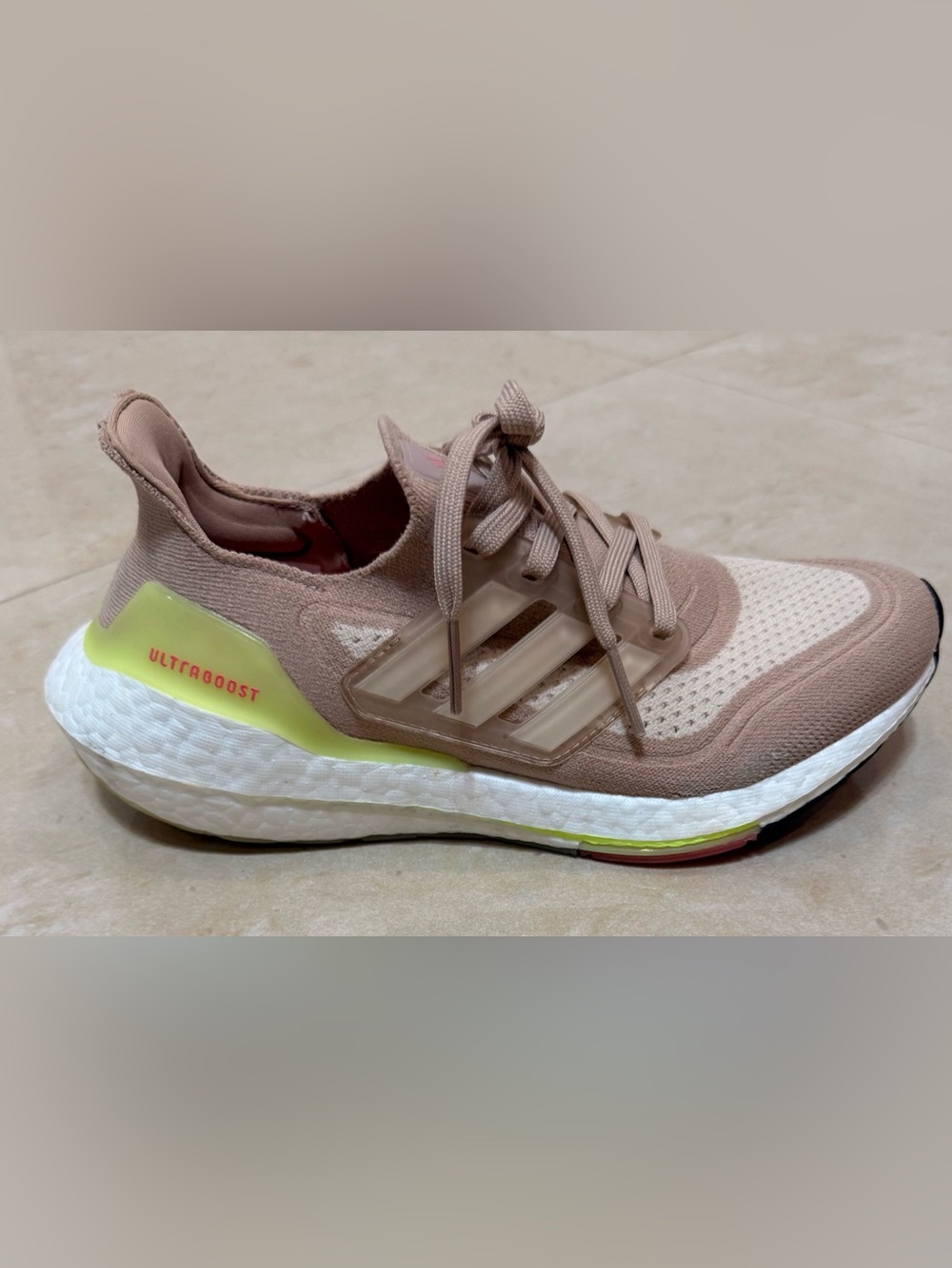 adidas Ultraboost Women's Running Shoes - Tan/Pale Pink with Neon Yellow Accent